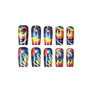 Bunte Wirbel-Nebel-Muster lange eckige Press-on-Nägel mit 10-teiligem Regenbogen-Design
