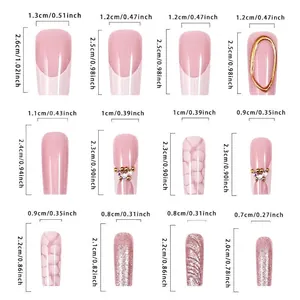 Size chart showing 12 French white plaid press-on nail dimensions in centimeters and inches