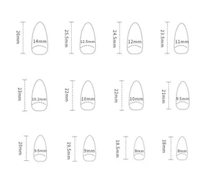 Size chart showing 12 different dimensions for medium almond press-on nails in mm