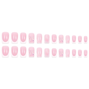 Faux ongles français avec nœuds 3D et perles sur base rose tendre, lot de 24