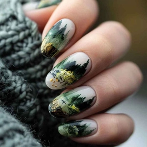 Press On Nails Set Green Forest Ink Style With Jelly Glue And Nail File Oval Medium Length Gradient Marble Art Fake Nails For Women