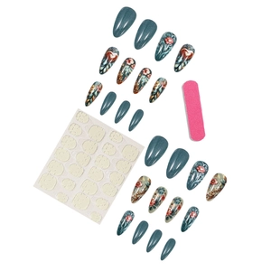 Faux ongles vintage à motifs de cœur et fleurs avec finition bleu sarcelle mat