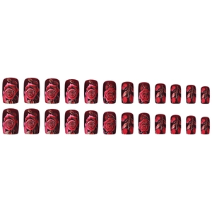 Retro dark red rose press-on nails with gold leaf patterns in 24-piece square set