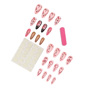 Pink rose and heart press-on nail kit with almond shape designs and manicure tools