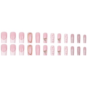 24pcs pink press-on nails set featuring white French tips, glitter, and 3D quilted patterns