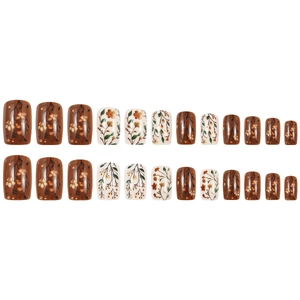 Mocha brown and cream floral square press-on nails set with 24 pieces on white background