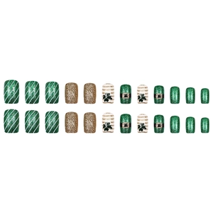 Short square green and gold glitter clover press-on nails for St. Patrick's Day set