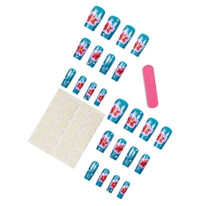 Press-on nail set with blue floral designs, hibiscus patterns, and rhinestone accents