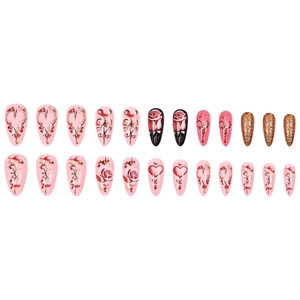 Pink rose and heart press-on nails set with glitter and vintage embossed designs