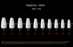 Size chart showing 10 lengths and widths for ballet shaped press-on nails in millimeters