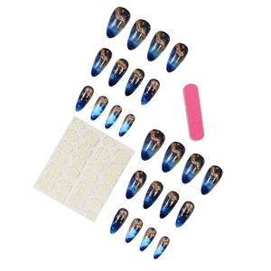 Blue starry sky press-on nail kit with 24 almond nails, jelly glue, and file