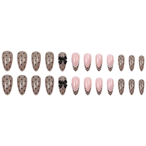 French bow press-on nails with pearls and polka dots in almond shape, 24 piece set