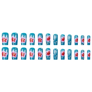 Blue tropical flower press-on nails with red hibiscus, palm leaves and rhinestones