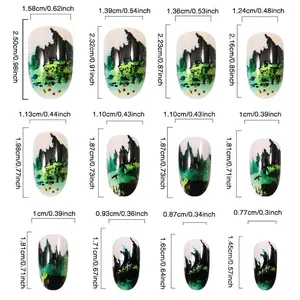 Size chart showing 12 pieces of green ink marble press-on nails in medium round shape