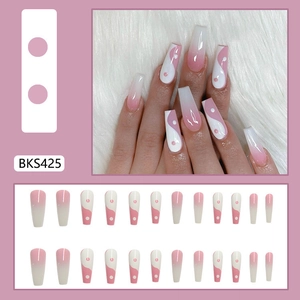 Long coffin press-on nails with pink gradient and yin-yang patterns, 24 pieces set