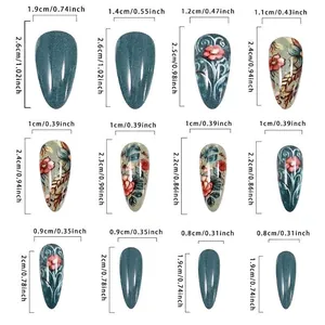 Tableau des tailles pour 12 ongles adhésifs rétro avec mesures de largeur variées