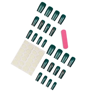 Dark green long coffin press-on nails set with red crackle texture and manicure tools