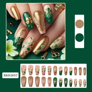Saint Patrick's Day press-on nails set with green clover patterns and gold glitter