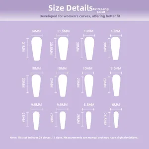 Size chart for long ballerina press-on nails with 12 sizes and 24 pieces measurement details