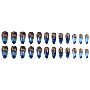 24pcs Blue Galaxy Press-on Nails in Long Almond Shape with Glitter and Star Accents