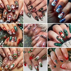 Christmas Press On Nails Fake Nails Artificial Nails With Santa Claus Snowman Elk 3D Relief Glitter Holiday Party Decoration