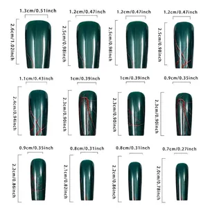 Size chart showing 12 pieces of dark green cracked press-on nails in various dimensions
