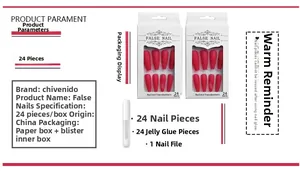 Detail of red matte false nail set including 24 pieces with adhesive tabs and a mini file