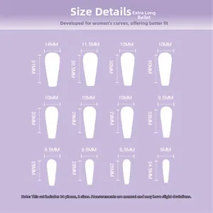Tableau des tailles pour 24 faux ongles cercueil extra longs en 12 dimensions précises