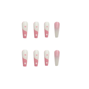 Long coffin fake nails with pink and white gradient and yin yang wave patterns