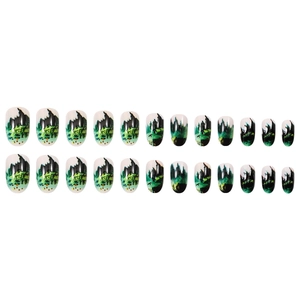 Medium round green ink landscape press-on nails set with 24 smooth artistic tips