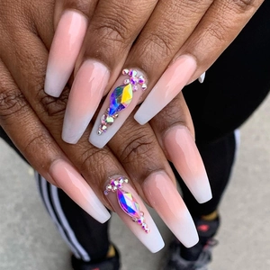 French ombre coffin press-on nails with luxury rhinestones and pink gradient effect