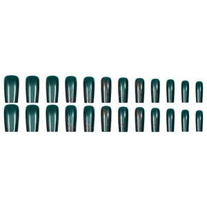Dark green long coffin press-on nails with red marble texture, 24-piece full set