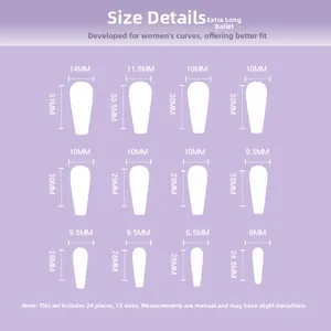 Size chart showing width and length in mm for 24pcs extra long ballerina press-on nails