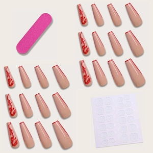 Coffret détaillé de faux ongles ballerine avec motif dragon rouge et bords French