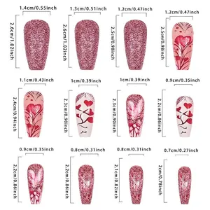 Size chart showing width and length for heart glitter press-on nails in 12 sizes