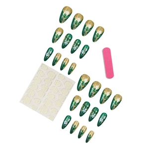 Sparkly green and gold St. Patrick's Day press-on nails with lucky clover patterns