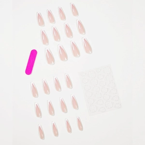 Detailed set of 24 long coffin press-on nails with pink base and white French V-tips