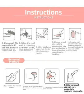 Step-by-step application and removal guide for long ballet press-on nails with text