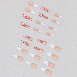 French rainbow wave long coffin false nails with pink and white swirl pattern, 24 piece set