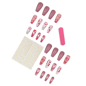 Pink heart press-on nails set with glitter rose designs, jelly glue and nail file kit