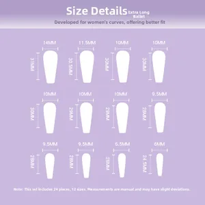 Size chart for extra long coffin press-on nails featuring 12 precise dimensions and measurements
