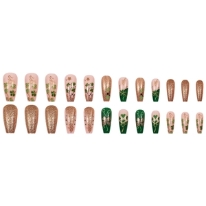 24pcs St. Patrick's Day press-on nails with green clover and gold glitter coffin design
