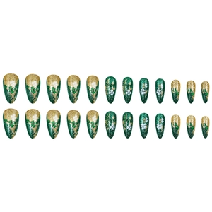 Green and gold St. Patrick's Day press-on nails with glitter clover designs