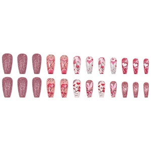 Pink heart and rose glitter press-on nails in long coffin shape for Valentine's day
