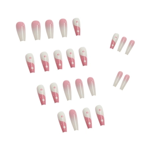 Pink and white gradient long coffin press-on nails set with polka dots and yin-yang patterns