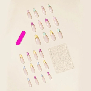 Detailed set of long French tip nail press-ons with colorful macaron shades and gold edges