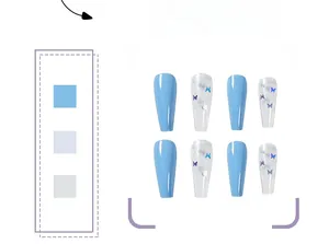 Détails de faux ongles ballerine bleus avec décalcomanies papillon laser et paillettes