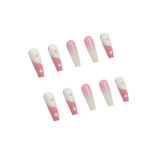 Long coffin press-on nails with pink white gradient and yin-yang fish pattern design