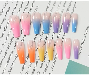 Detailed view of long coffin press-on nails with glossy macaron color gradients