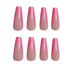 Long coffin press-on nails with nude base and bright pink V-shape French tips design